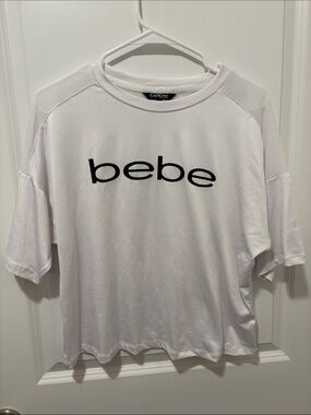 bebe White Tee with Sheer Mesh Shoulder